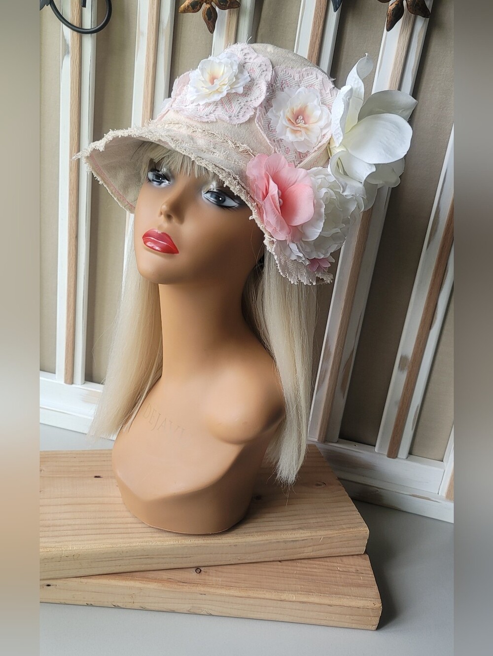 Handcrafted Antique Lace Magnolia & Pearls Dreamy Cottage Core Top Hat